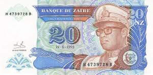 Zaire p56 20 nouveaux Zaires 1993 front